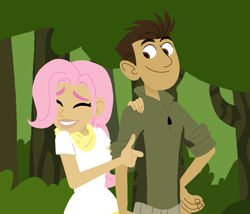 Size: 899x768 | Tagged: safe, artist:skyfall00silva, fluttershy, human, chris kratt, crossover, female, forest, humanized, male, shipping, straight, style emulation, wild kratts