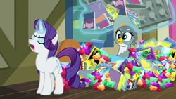 Size: 1920x1080 | Tagged: safe, screencap, gabby, rarity, pony, unicorn, dragon dropped, comic book, duo, female, gem, magic, magic aura, mare, mold, post office, telekinesis