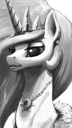 Size: 1080x1920 | Tagged: safe, artist:xxkrutoy, princess celestia, alicorn, pony, bust, female, grayscale, jewelry, majestic, mare, monochrome, portrait, regalia, solo