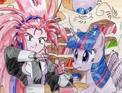 Size: 2986x2278 | Tagged: safe, artist:40kponyguy, derpibooru exclusive, derpibooru import, twilight sparkle, twilight sparkle (alicorn), alicorn, pony, chemistry, crossover, female, golden oaks library, mare, tenchi muyo, test tube, traditional art, washu