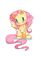 Size: 700x1000 | Tagged: safe, artist:cheli-1104, fluttershy, pegasus, pony, blushing, chibi, cute, ear fluff, female, mare, prone, raised hoof, sad, shyabetes, simple background, sitting, solo, spread wings, white background, wings