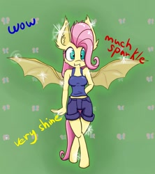 Size: 1076x1210 | Tagged: safe, artist:heir-of-rick, fluttershy, anthro, bat pony, unguligrade anthro, bats!, abstract background, bat wings, big ears, clothes, crossed legs, cute, doge, ear fluff, flutterbat, hooves, impossibly large ears, looking at you, meme, midriff, race swap, shorts, shyabates, shyabetes, solo, sparkles, spread wings, tanktop, wings