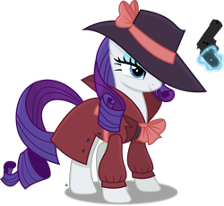 Size: 3087x2837 | Tagged: safe, artist:anime-equestria, rarity, pony, unicorn, belt, bow, clothes, coat, costume, detective rarity, eyeshadow, gun, handgun, hat, high res, levitation, magic, makeup, noir, outfit, revolver, shadow spade, simple background, smiling, solo, telekinesis, transparent background, vector, weapon