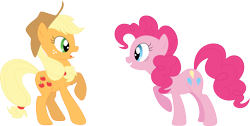 Size: 3585x1802 | Tagged: safe, artist:porygon2z, applejack, pinkie pie, earth pony, pony, the last roundup, grin, raised hoof, simple background, smiling, surprised, transparent background, vector