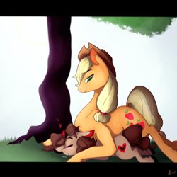 Size: 1024x1024 | Tagged: safe, artist:kyuuno-chan, applejack, oc, earth pony, pony, canon x oc, male, rule 63, shipping, straight