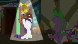 Size: 1920x1080 | Tagged: safe, screencap, rarity, spike, dragon, pony, unicorn, dragon dropped, comic book, female, food, gem, ice cream, mare, post office, record player, winged spike