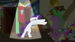 Size: 1920x1080 | Tagged: safe, screencap, rarity, spike, dragon, pony, unicorn, dragon dropped, comic book, female, food, gem, ice cream, mare, post office, record player, winged spike