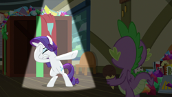 Size: 1920x1080 | Tagged: safe, screencap, rarity, spike, dragon, pony, unicorn, dragon dropped, comic book, female, food, gem, ice cream, mare, post office, spotlight, winged spike