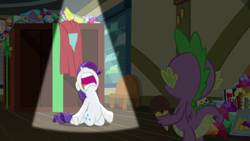 Size: 1920x1080 | Tagged: safe, screencap, rarity, spike, dragon, pony, unicorn, dragon dropped, comic book, female, food, gem, ice cream, mare, post office, spotlight, winged spike