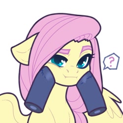 Size: 1575x1577 | Tagged: safe, artist:shenki, fluttershy, pegasus, pony, bust, disembodied hooves, female, floppy ears, mare, pictogram, question mark, raised eyebrow, simple background, solo, spread wings, squishy cheeks, white background, wings