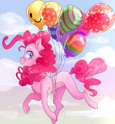 Size: 5111x5513 | Tagged: safe, artist:emily-826, pinkie pie, earth pony, pony, absurd resolution, balloon, chest fluff, cloud, cloudy, floating, looking at you, sky, smiling, solo, then watch her balloons lift her up to the sky, underhoof