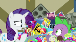 Size: 1920x1080 | Tagged: safe, screencap, gabby, rarity, spike, dragon, pony, unicorn, dragon dropped, comic book, female, food, gem, ice cream, ice cream cone, male, mare, post office, winged spike