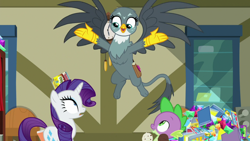 Size: 1920x1080 | Tagged: safe, screencap, gabby, rarity, spike, dragon, griffon, pony, unicorn, dragon dropped, comic book, female, food, gem, ice cream, mare, post office, spread arms, spread wings, trio, winged spike, wings