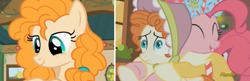 Size: 2121x688 | Tagged: artist needed, source needed, safe, screencap, pear butter, pinkie pie, earth pony, pony, bow bonnet, comparison, conspiracy, headcanon, ponk, the little redheaded mare, theory