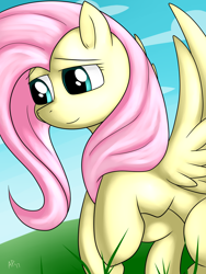 Size: 1024x1365 | Tagged: safe, artist:heart-of-a-dragoness, fluttershy, pegasus, pony, female, mare, smiling, solo, spread wings, wings