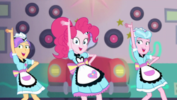 Size: 1920x1080 | Tagged: safe, screencap, milkshake malt, pinkie pie, tip top, coinky-dink world, eqg summertime shorts, equestria girls, apron, clothes, cute, diapinkes, diner, diner uniform, doo wop, server pinkie pie, sunny sugarsocks, waitress