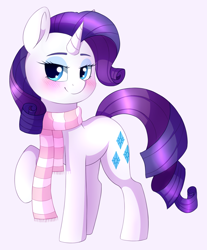 Size: 1410x1700 | Tagged: safe, artist:adostume, rarity, pony, unicorn, blushing, clothes, cute, female, looking at you, mare, raribetes, redraw, scarf, simple background, solo, white background