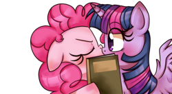 Size: 500x273 | Tagged: safe, artist:lucy-tan, derpibooru import, pinkie pie, twilight sparkle, twilight sparkle (alicorn), alicorn, earth pony, pony, blushing, book, covering, cute, eyes closed, female, kissing, lesbian, mare, shipping, simple background, transparent background, twinkie