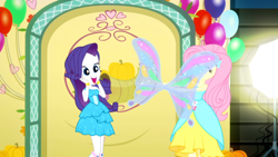 Size: 1366x768 | Tagged: safe, screencap, fluttershy, rarity, a photo booth story, eqg summertime shorts, equestria girls, cornucopia, cute, fall formal outfits, glimmer wings, happy, impressed, present, raribetes