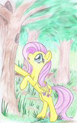 Size: 720x1150 | Tagged: safe, artist:astevenamedwolf, fluttershy, pegasus, pony, curious, female, folded wings, forest, looking at something, looking up, mare, open mouth, raised hoof, solo, tree, wings