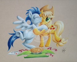 Size: 800x650 | Tagged: safe, artist:zene, applejack, soarin', earth pony, pony, bronycon 2016, commission, food, kiss on the cheek, kissing, male, pie, present, shipping, soarinjack, straight, that pony sure does love pies