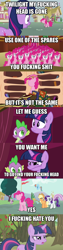 Size: 640x2520 | Tagged: safe, derpibooru import, screencap, pinkie pie, twilight sparkle, earth pony, pony, magic duel, too many pinkie pies, caption comic, comic, five nights at freddy's, five nights at fuckboy's, image macro, macro comic, meme, parody, photoshop, screencap comic, vulgar