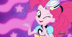 Size: 795x412 | Tagged: safe, screencap, pinkie pie, coinky-dink world, eqg summertime shorts, equestria girls, beautiful, cute, one eye closed, server pinkie pie, smiling, wink