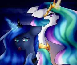 Size: 2140x1800 | Tagged: safe, artist:verbamagistri, princess celestia, princess luna, alicorn, pony, abstract background, crown, duo, ethereal mane, female, floppy ears, glowing horn, jewelry, looking at you, looking back, mare, open mouth, regalia, royal sisters, sisters