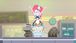 Size: 1366x768 | Tagged: safe, screencap, pinkie pie, coinky-dink world, eqg summertime shorts, equestria girls, diner uniform, food, ice cream, imminent explosion, server pinkie pie, waitress