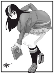 Size: 825x1125 | Tagged: safe, artist:liquidxlead, derpibooru import, twilight sparkle, human, breasts, clothes, female, grayscale, headlight sparkle, humanized, monochrome, socks, solo