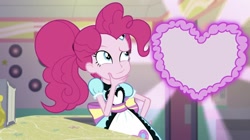 Size: 1200x674 | Tagged: safe, edit, editor:kingkek42, screencap, pinkie pie, coinky-dink world, eqg summertime shorts, equestria girls, diner, diner uniform, exploitable, heart, server pinkie pie, solo, template, thinking