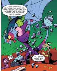 Size: 1301x1618 | Tagged: safe, artist:andypriceart, idw, cosmos (character), discord, princess celestia, alicorn, draconequus, pegasus, pony, spoiler:comic, spoiler:comic77, female, green sky, male, mare, official comic, rubble, speech bubble, spread wings, statue, trio, wings