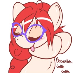 Size: 600x600 | Tagged: safe, artist:mooshilee, twist, pony, :p, ask sexy twist, bipedal, blushing, cute, eyes closed, glasses, gobble, simple background, smiling, solo, tongue out, white background