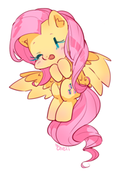 Size: 700x1000 | Tagged: safe, artist:cheli-1104, fluttershy, pegasus, pony, blushing, cute, female, mare, one eye closed, shyabetes, simple background, smiling, solo, spread wings, white background, wings, wink