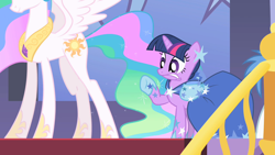 Size: 1280x720 | Tagged: safe, screencap, princess celestia, twilight sparkle, unicorn twilight, alicorn, pony, unicorn, the best night ever, canterlot, canterlot castle, clothes, dress, duo, ethereal mane, female, gala dress, grimace, gritted teeth, head out of frame, hoof shoes, jewelry, mare, pain, smiling, stairs, swollen