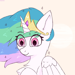 Size: 1024x1024 | Tagged: safe, artist:glazirka, princess celestia, alicorn, pony, bust, chest fluff, crown, cute, cutelestia, eye clipping through hair, female, jewelry, mare, portrait, regalia, solo, sparkles