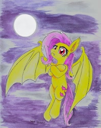 Size: 794x1005 | Tagged: safe, artist:astevenamedwolf, fluttershy, bat pony, pony, bat wings, crossed hooves, ear fluff, fangs, female, flutterbat, full moon, looking at you, mare, midair, moon, night, race swap, red eyes, solo, spread wings, traditional art, wings