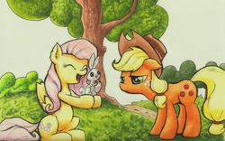 Size: 1920x1200 | Tagged: safe, artist:kittyhawk-contrail, angel bunny, applejack, fluttershy, earth pony, pegasus, pony, rabbit, applejack is not amused, copic, duo, holding, lidded eyes, open mouth, showing, sitting, traditional art, tree, unamused