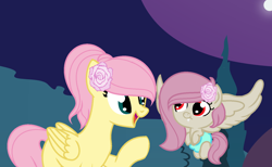 Size: 1280x789 | Tagged: safe, artist:rose-moonlightowo, fluttershy, oc, oc:chaotic kindness, hybrid, pegasus, pony, alternate hairstyle, baby, baby pony, base used, female, flower, flower in hair, interspecies offspring, mother and child, mother and daughter, offspring, parent and child, parent:discord, parent:fluttershy, parents:discoshy