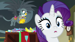 Size: 1920x1080 | Tagged: safe, screencap, gabby, rarity, griffon, pony, unicorn, dragon dropped, comic book, duo, female, flying, gem, mare, post office