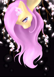 Size: 4961x7016 | Tagged: safe, artist:tokokami, fluttershy, pegasus, pony, absurd resolution, bust, female, flower, flower in hair, flower petals, looking at you, looking sideways, mare, portrait, smiling, solo, tree branch