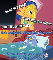 Size: 800x900 | Tagged: safe, edit, edited screencap, screencap, discord, flash sentry, three's a crowd, caption, don't believe her lies, drama, equestria girls drama, meme, waifu thief