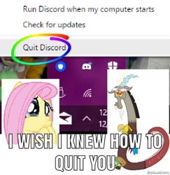 Size: 1103x1136 | Tagged: safe, discord, fluttershy, draconequus, pegasus, pony, discord (program), female, male, mare, namesake, pun, teary eyes