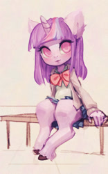 Size: 400x640 | Tagged: safe, artist:frali, derpibooru import, twilight sparkle, anthro, unguligrade anthro, clothes, ear fluff, hooves, pastel, school uniform, schoolgirl, thighs, unshorn fetlocks