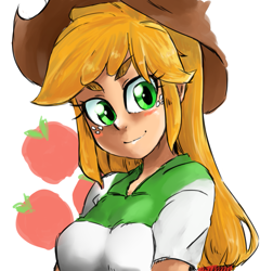 Size: 1153x1200 | Tagged: safe, artist:kogarasumaru24, applejack, human, equestria girls, blushing, bust, cute, cutie mark background, female, humanized, jackabetes, solo