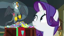 Size: 1920x1080 | Tagged: safe, screencap, gabby, rarity, griffon, pony, unicorn, dragon dropped, comic book, duo, female, flying, gem, mare, post office