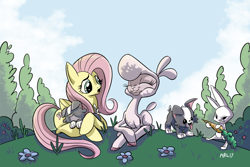 Size: 1024x683 | Tagged: safe, artist:lytlethelemur, angel bunny, fluttershy, pom lamb, lamb, pegasus, pony, sheep, them's fightin' herds, cloven hooves, community related, crossover, eyes closed, female, folded wings, grass, mare, prone, puppy, quartet, smiling, talking, tree