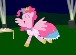 Size: 1024x742 | Tagged: safe, artist:04startycornonline88, pinkie pie, alicorn, alicornified, clothes, crown, dress, gala dress, glowing horn, horseshoes, jewelry, pinkiecorn, race swap, regalia, solo, xk-class end-of-the-world scenario