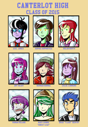 Size: 1045x1500 | Tagged: safe, artist:php52, flash sentry, indigo wreath, mystery mint, nolan north, normal norman, ringo, sophisticata, sweet leaf, velvet sky, equestria girls, background human, brad, chloe commons, male, yearbook