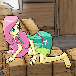 Size: 3000x3000 | Tagged: safe, artist:artemis-polara, fluttershy, equestria girls, barefoot, clothes, commission, feet, hay bale, looking back, open mouth, solo